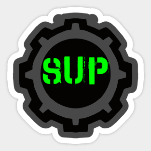 Green SUP Word in a Black Industrial Cog Sticker